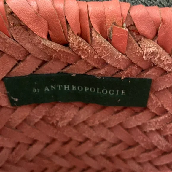 Anthropologie Woven Leather Market Bag Coral Pink Basket Tote Boho - Picture 3 of 10